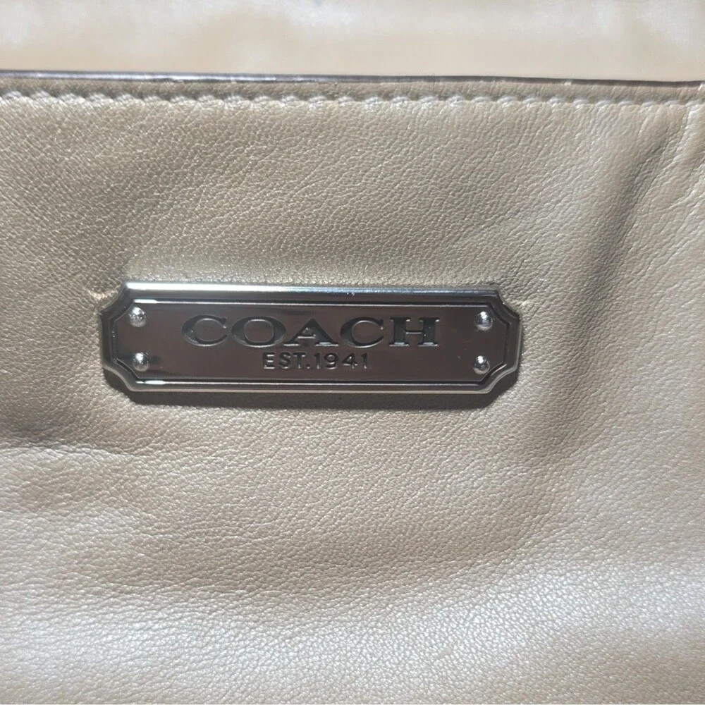 Coach Madison Beige Taupe Leather Tote Bag Zip Top Pink Lining Silver Charm [083